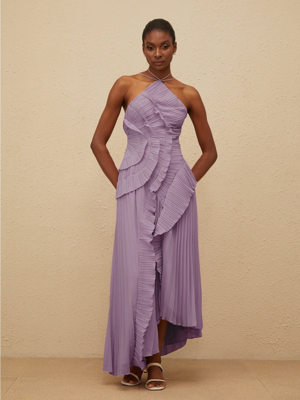 Miss Rosier Doux Purple Ruffled Trim Pleated Midi Dress